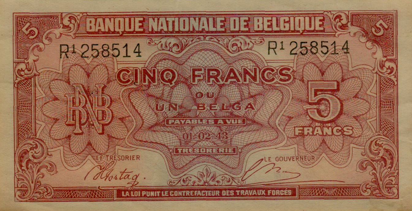 Belgium 5 1943 UNC- P-121